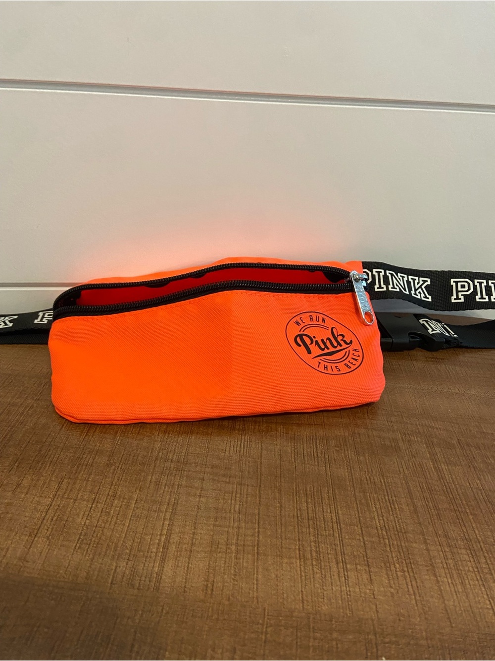 PINK Victoria's Secret Bright Neon Orange Waist Belt Bag with Black Logo Strap